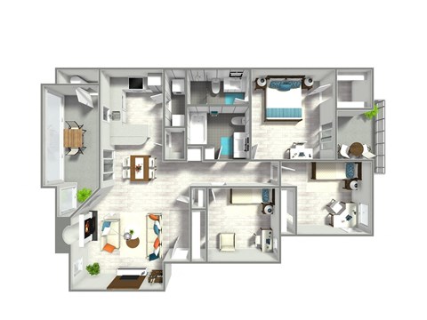 A 3D floor plan of a house with a kitchen, living room, and bedrooms.